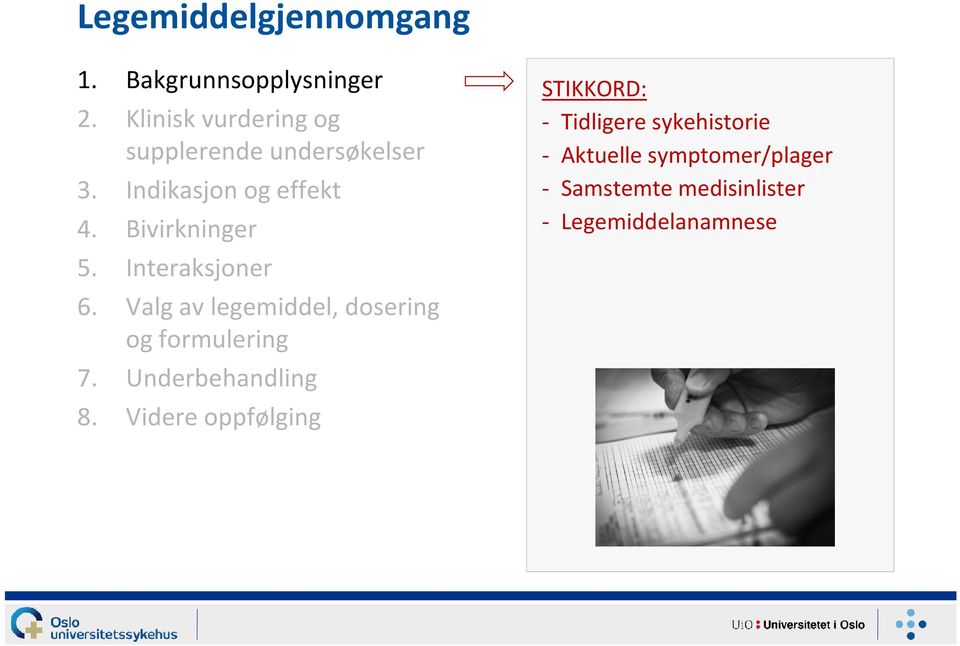 Bivirkninger 5. Interaksjoner 6. Valg av legemiddel, dosering og formulering 7.