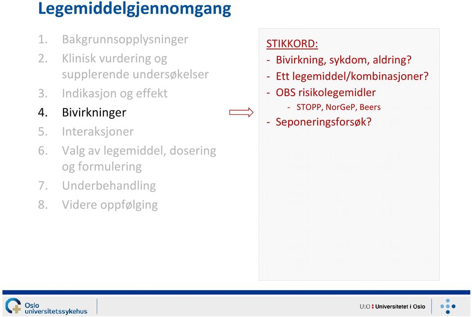 Interaksjoner 6. Valg av legemiddel, dosering og formulering 7. Underbehandling 8.