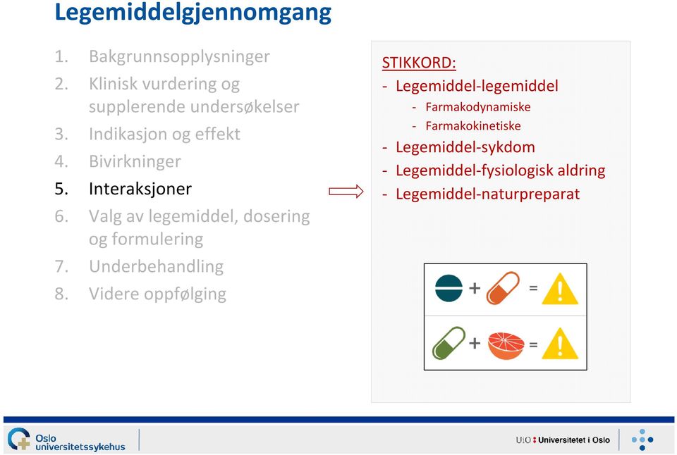 Interaksjoner 6. Valg av legemiddel, dosering og formulering 7. Underbehandling 8.