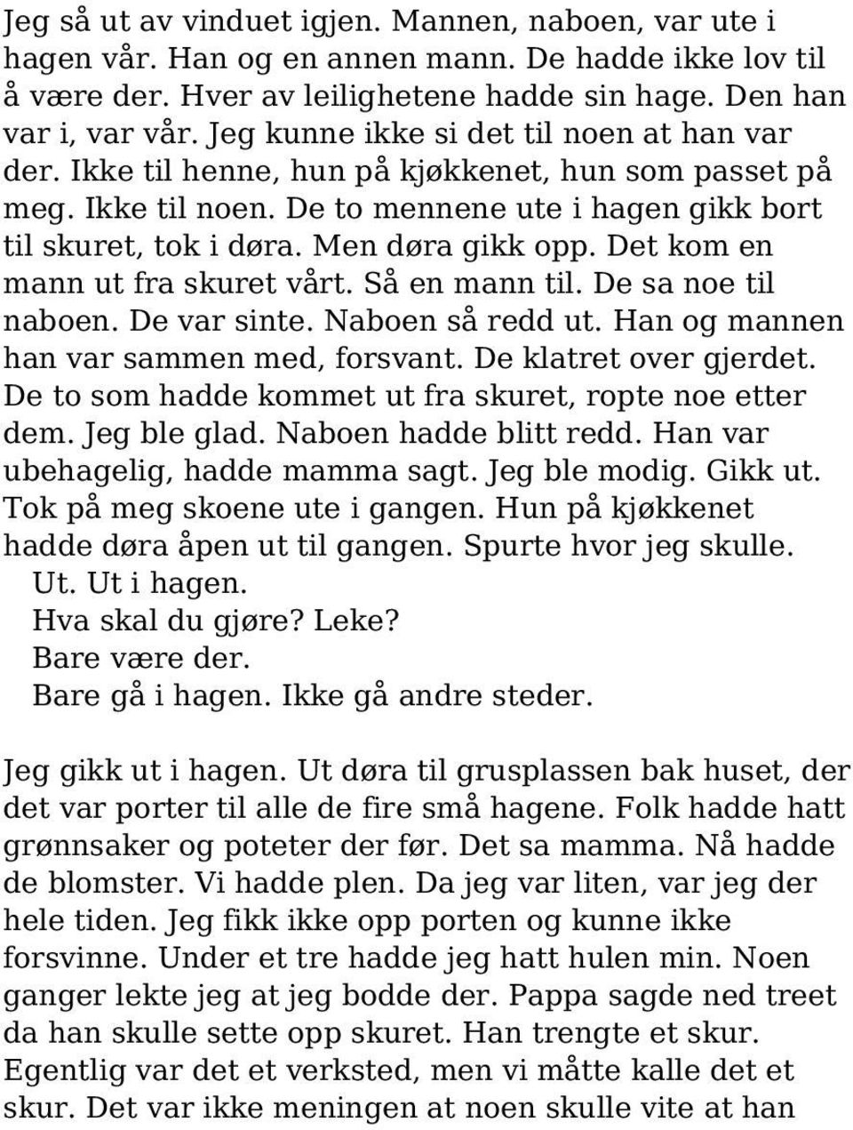 Det kom en mann ut fra skuret vårt. Så en mann til. De sa noe til naboen. De var sinte. Naboen så redd ut. Han og mannen han var sammen med, forsvant. De klatret over gjerdet.