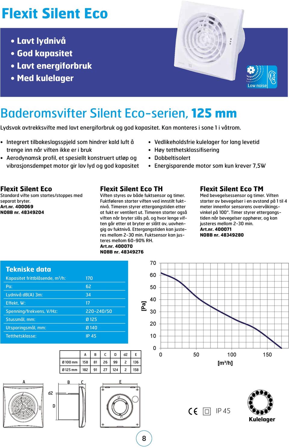 Integrert tilbakeslagsspjeld som hindrer kald luft å trenge inn når viften ikke er i bruk Aerodynamsk profil, et spesiellt konstruert utløp og vibrasjonsdempet motor gir lav lyd og god kapasitet