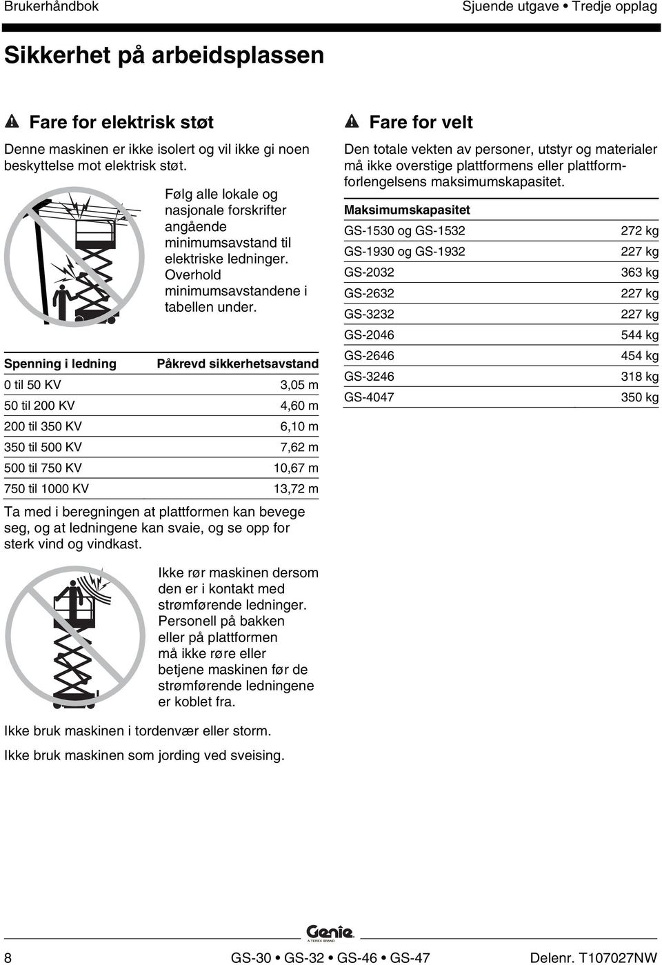 Spenning i ledning Påkrevd sikkerhetsavstand 0 til 50 KV 3,05 m 50 til 200 KV 4,60 m 200 til 350 KV 6,10 m 350 til 500 KV 7,62 m 500 til 750 KV 10,67 m 750 til 1000 KV 13,72 m Ta med i beregningen at