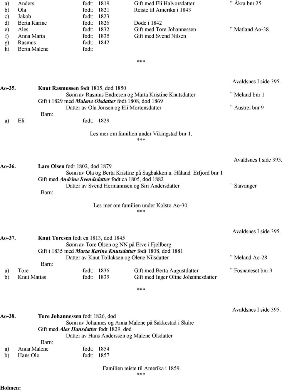 Knut Rasmussen født 1805, død 1850 Sønn av Rasmus Endresen og Marta Kristine Knutsdatter Meland bnr 1 Gift i 1829 med Malene Olsdatter født 1808, død 1869 Datter av Ola Jonsen og Eli Mortensdatter