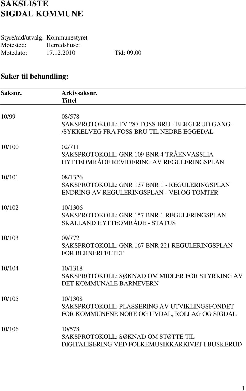 REGULERINGSPLAN 10/101 08/1326 SAKSPROTOKOLL: GNR 137 BNR 1 - REGULERINGSPLAN ENDRING AV REGULERINGSPLAN - VEI OG TOMTER 10/102 10/1306 SAKSPROTOKOLL: GNR 157 BNR 1 REGULERINGSPLAN SKALLAND