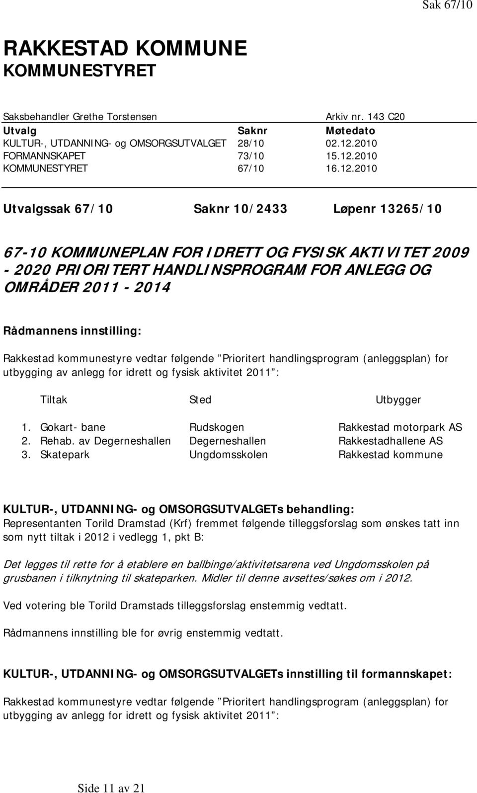 Rakkestad kommunestyre vedtar følgende Prioritert handlingsprogram (anleggsplan) for utbygging av anlegg for idrett og fysisk aktivitet 2011 : Tiltak Sted Utbygger 1.