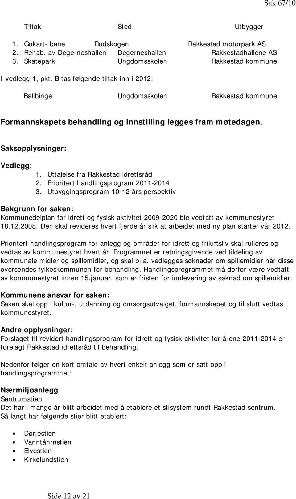 Saksopplysninger: Vedlegg: 1. Uttalelse fra Rakkestad idrettsråd 2. Prioritert handlingsprogram 2011-2014 3.