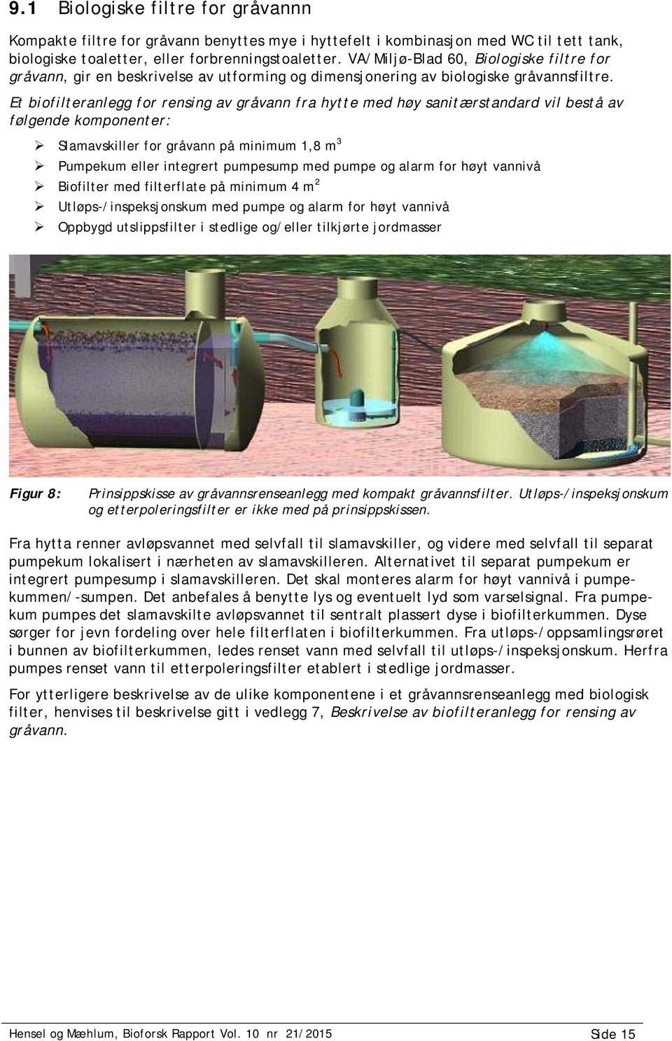 Et biofilteranlegg for rensing av gråvann fra hytte med høy sanitærstandard vil bestå av følgende komponenter: Slamavskiller for gråvann på minimum 1,8 m 3 Pumpekum eller integrert pumpesump med