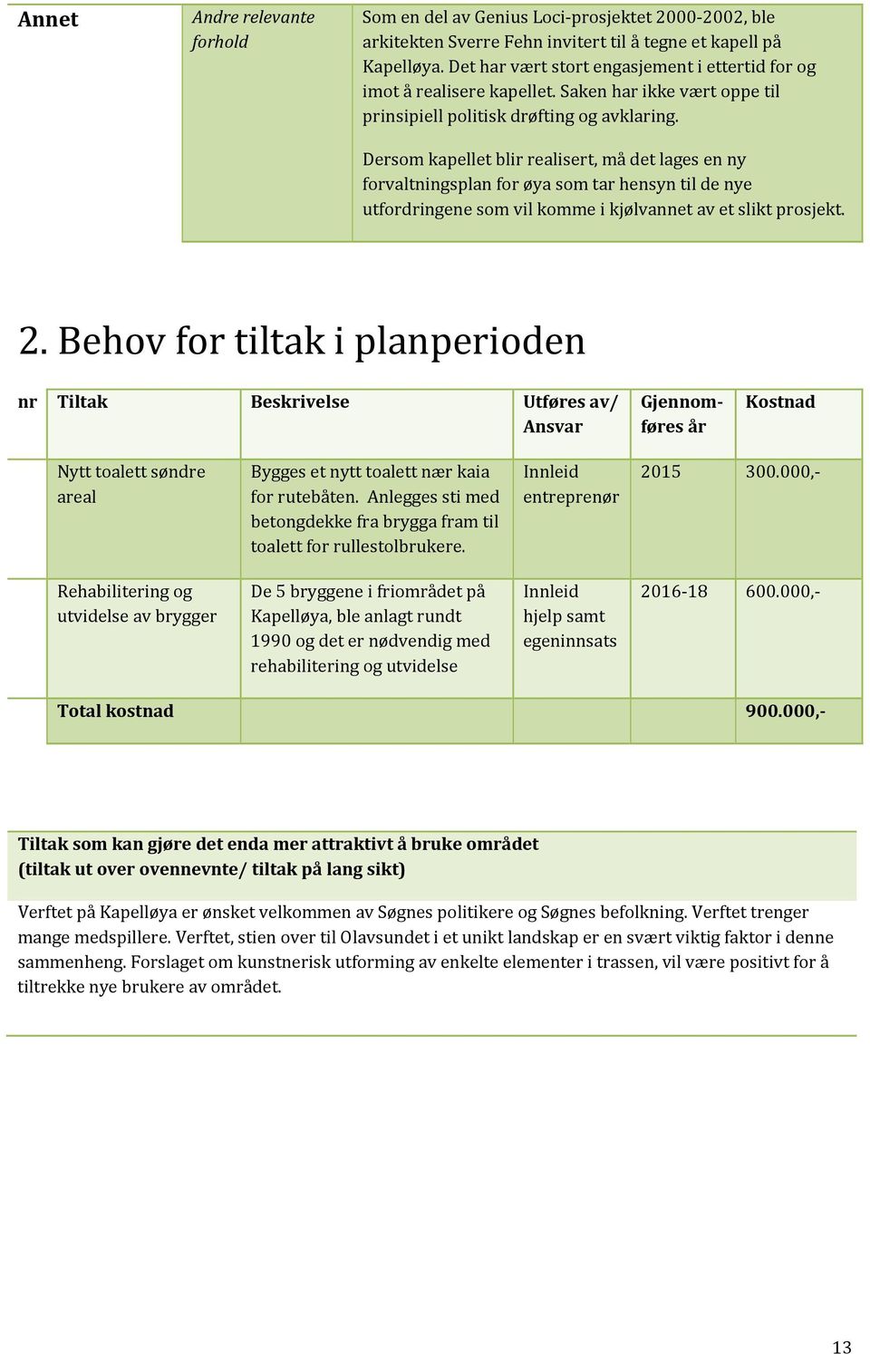 Dersom kapellet blir realisert, må det lages en ny forvaltningsplan for øya som tar hensyn til de nye utfordringene som vil komme i kjølvannet av et slikt prosjekt. 2.