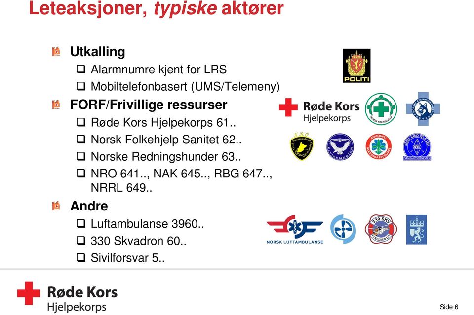 Hjelpekorps 61.. Norsk Folkehjelp Sanitet 62.. Norske Redningshunder 63.. NRO 641.