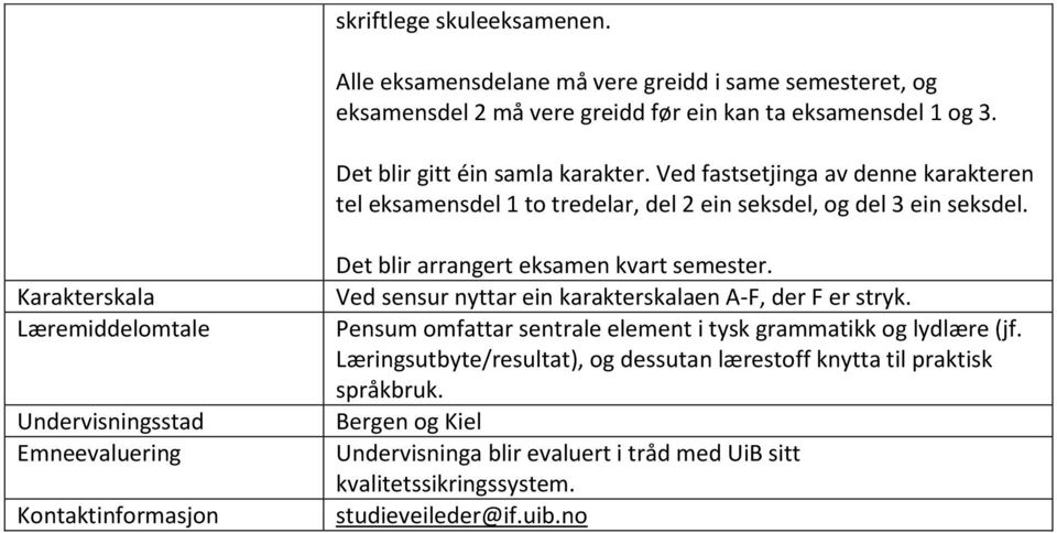 Det blir arrangert eksamen kvart semester. Ved sensur nyttar ein karakterskalaen A-F, der F er stryk.