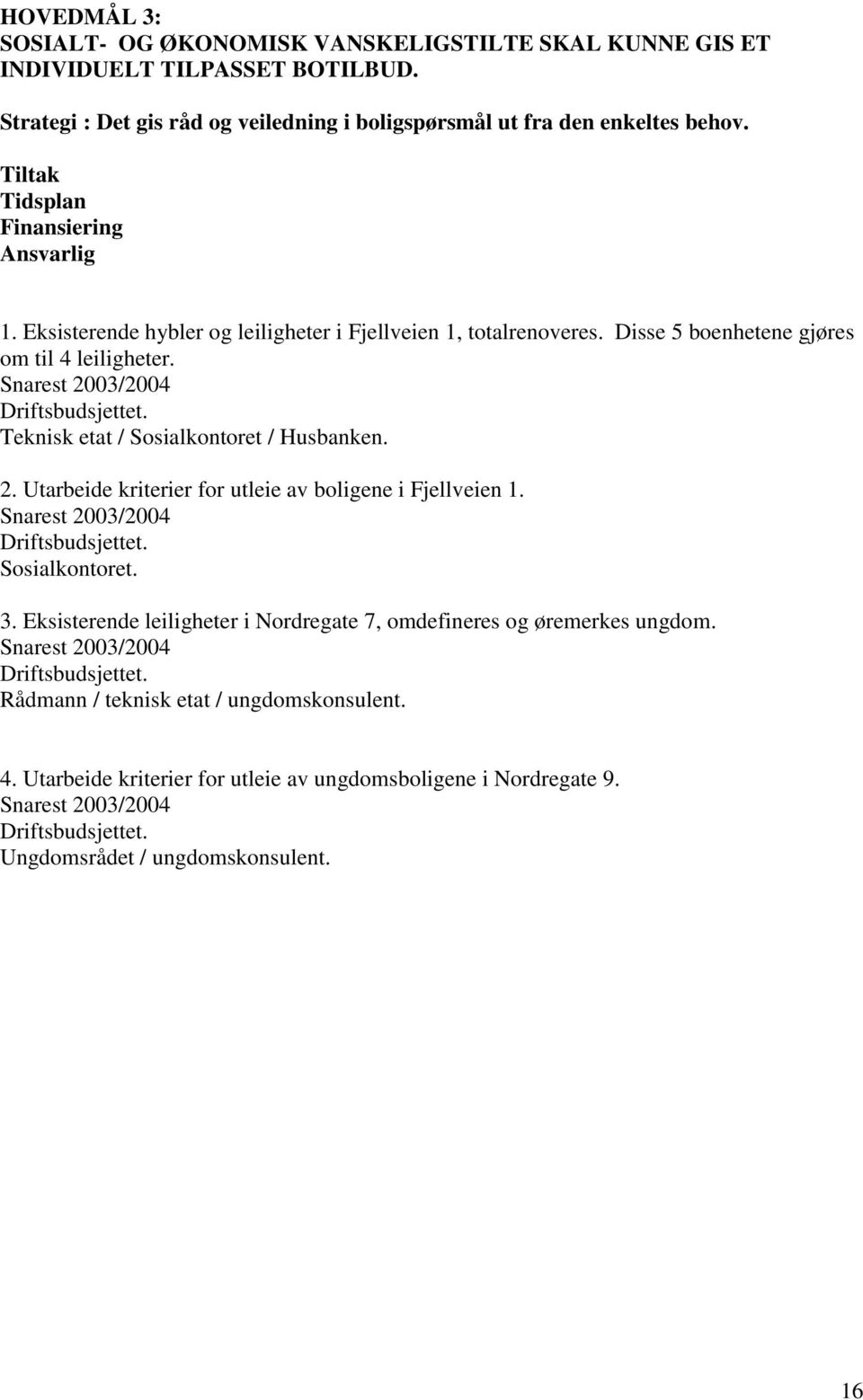 Snarest 2003/2004 Teknisk etat / Sosialkontoret / Husbanken. 2. Utarbeide kriterier for utleie av boligene i Fjellveien 1. Snarest 2003/2004 Sosialkontoret. 3.