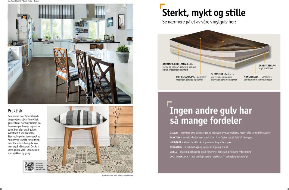 designmuligheter Praktisk Den sterke overflatebehandlingen gjør at Starfloor Click gulvet tåler normal slitasje fra for eksempel husdyr og aktive barn. Den gjør også gulvet svært lett å vedlikeholde.