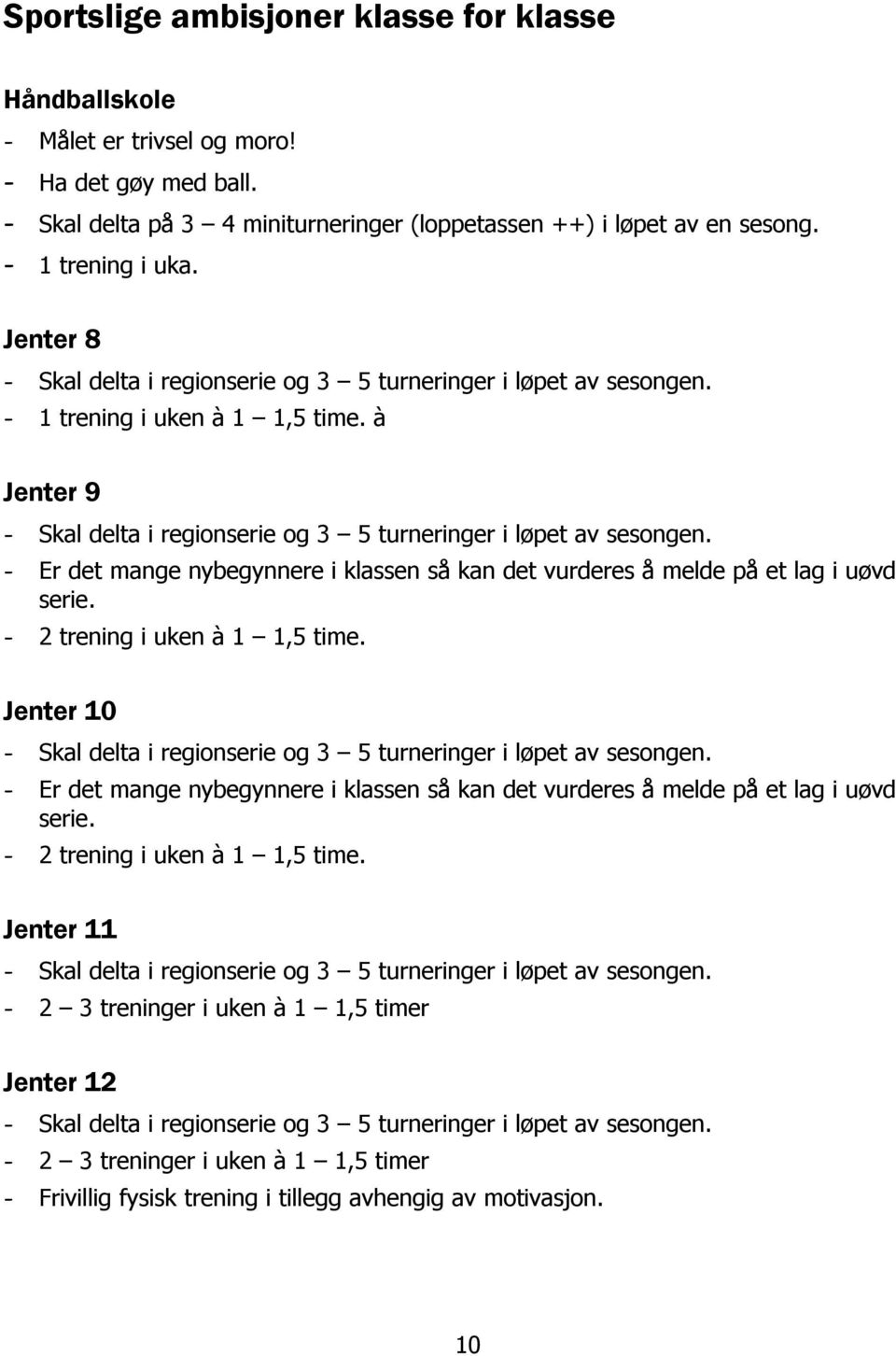 - Er det mange nybegynnere i klassen så kan det vurderes å melde på et lag i uøvd serie. - 2 trening i uken à 1 1,5 time. Jenter 10 - Skal delta i regionserie og 3 5 turneringer i løpet av sesongen.