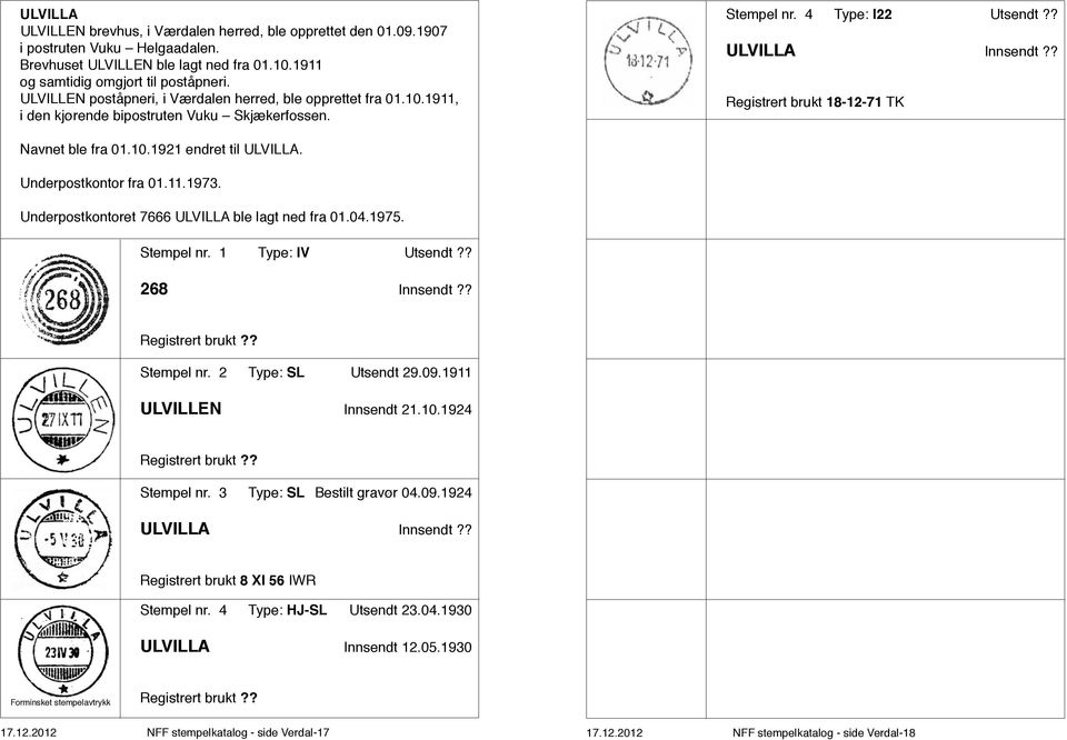 4 Type: I22 Utsendt ULVILLA Innsendt Registrert brukt 18-12-71 TK Navnet ble fra 01.10.1921 endret til ULVILLA. Underpostkontor fra 01.11.1973. Underpostkontoret 7666 ULVILLA ble lagt ned fra 01.04.