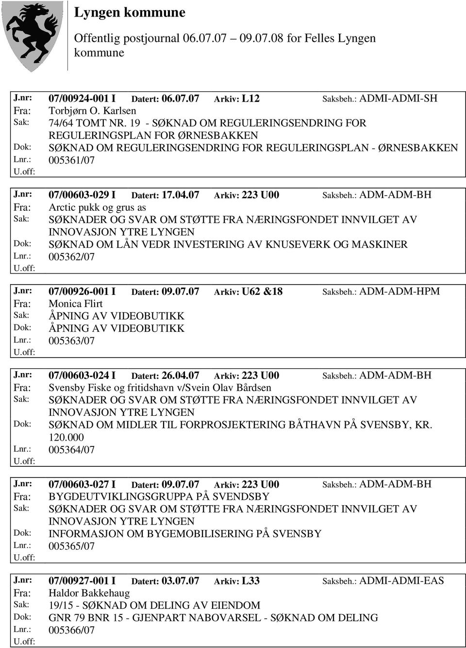 07 Arkiv: 223 U00 Saksbeh.: ADM-ADM-BH Fra: Arctic pukk og grus as Dok: SØKNAD OM LÅN VEDR INVESTERING AV KNUSEVERK OG MASKINER Lnr.: 005362/07 J.nr: 07/00926-001 I Datert: 09.07.07 Arkiv: U62 &18 Saksbeh.