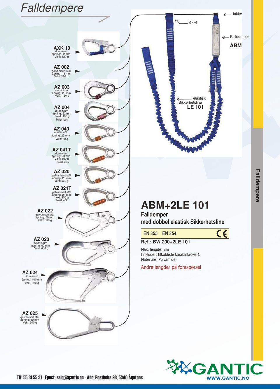 250 g Twist lock ABM+2LE 101 Falldemper med dobbel elastisk Sikkerhetsline Falldempere EN 355 EN 354 AZ 023 Ref.