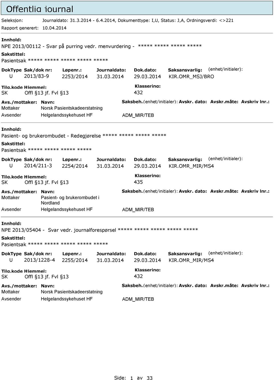 : Mottaker Norsk asientskadeerstatning ADM_MR/TEB asient- og brukerombudet - Redegjørelse ***** ***** ***** ***** asientsak ***** ***** ***** ***** 2014/-3 2254/2014 29.03.2014 KR.