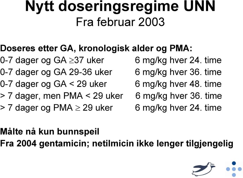 time 0-7 dager og GA < 29 uker 6 mg/kg hver 48. time > 7 dager, men PMA < 29 uker 6 mg/kg hver 36.