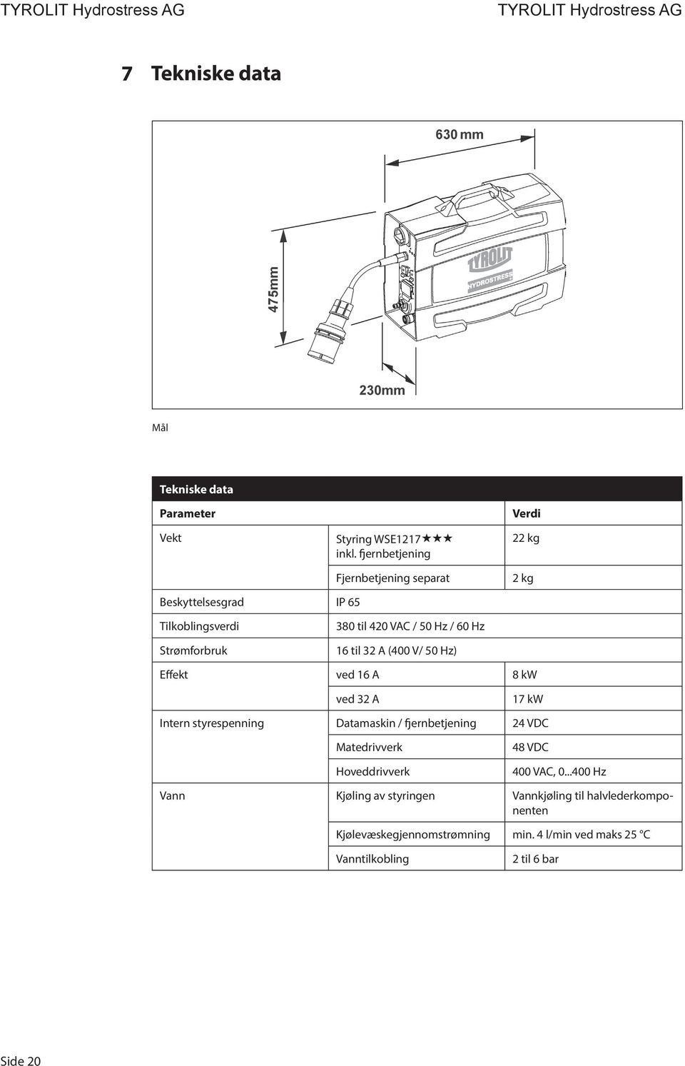 60 Hz 16 til 32 A (400 V/ 50 Hz) Effekt ved 16 A 8 kw ved 32 A 17 kw Intern styrespenning Datamaskin / fjernbetjening 24 VDC