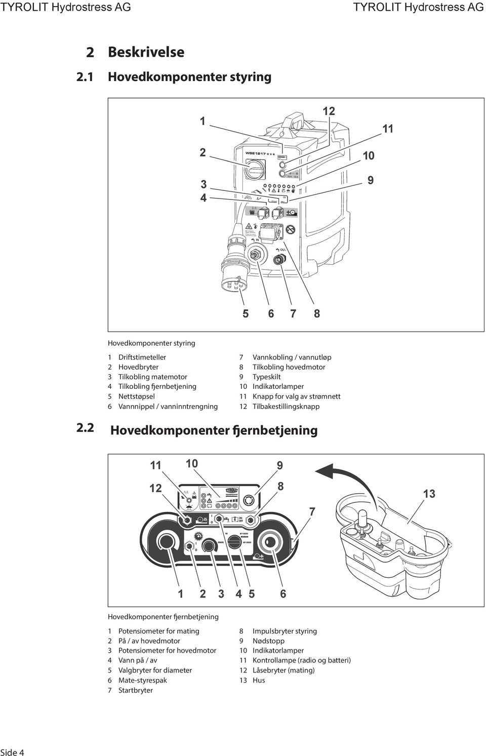 2.2 Hovedkomponenter fjernbetjening Hovedkomponenter fjernbetjening 1 Potensiometer for mating 8 Impulsbryter styring 2 På / av hovedmotor 9 Nødstopp 3 Potensiometer for