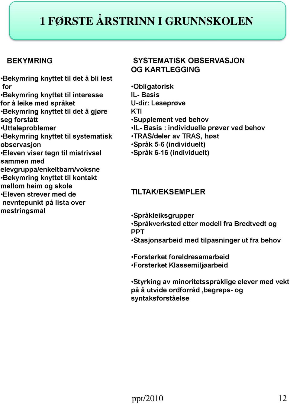 strever med de nevntepunkt på lista over mestringsmål SYSTEMATISK OBSERVASJON OG KARTLEGGING Obligatorisk IL- Basis U-dir: Leseprøve KTI Supplement ved behov IL- Basis : individuelle prøver ved behov