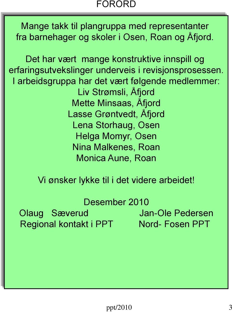 I arbeidsgruppa har det vært følgende medlemmer: Liv Strømsli, Åfjord Mette Minsaas, Åfjord Lasse Grøntvedt, Åfjord Lena Storhaug,