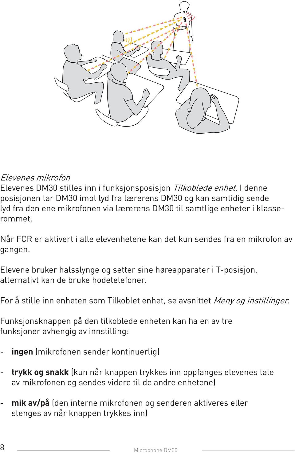 Når FCR er aktivert i alle elevenhetene kan det kun sendes fra en mikrofon av gangen. Elevene bruker halsslynge og setter sine høreapparater i T-posisjon, alternativt kan de bruke hodetelefoner.