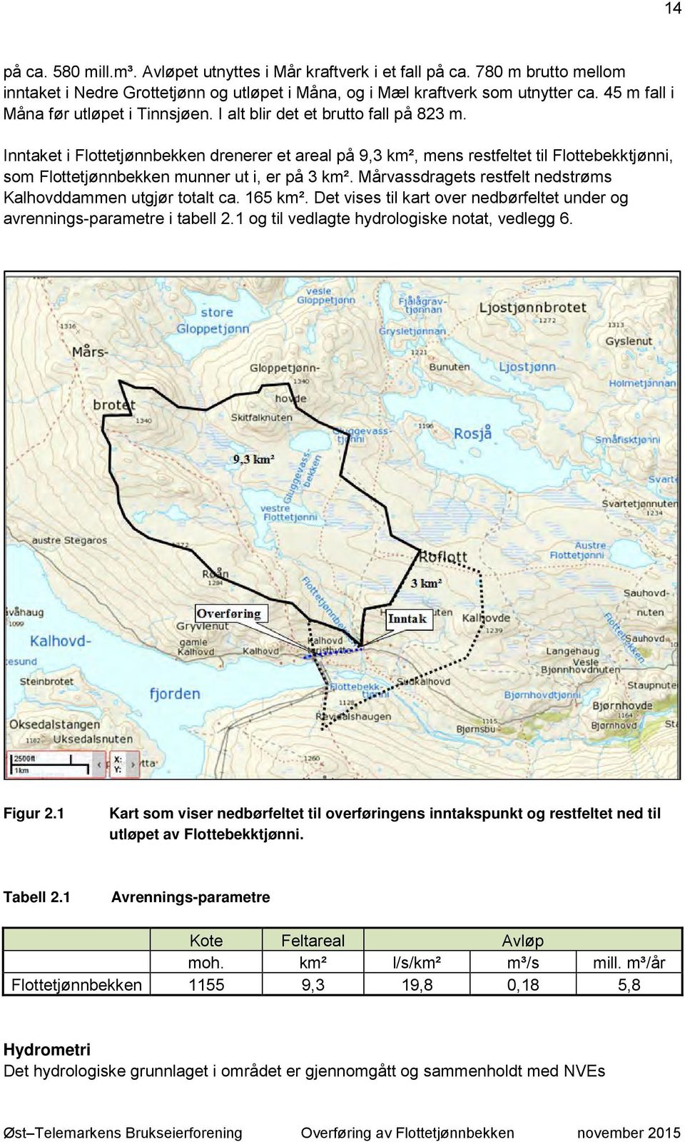 Inntaket i Flottetjønnbekken drenerer et areal på 9,3 km², mens restfeltet til Flottebekktjønni, som Flottetjønnbekken munner ut i, er på 3 km².