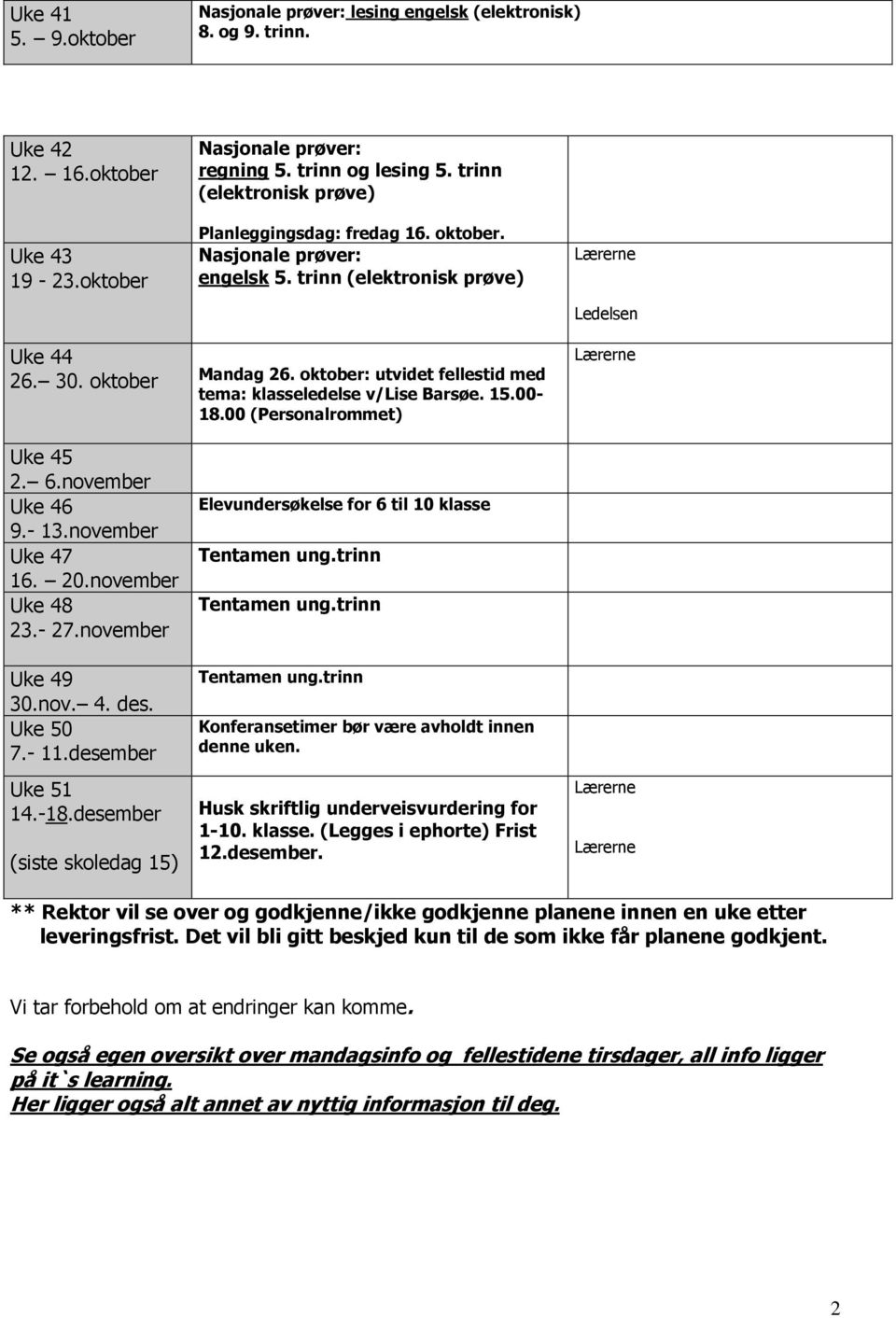 - 13.november Uke 47 16. 20.november Uke 48 23.- 27.november Uke 49 30.nov. 4. des. Uke 50 7.- 11.desember Uke 51 14.-18.