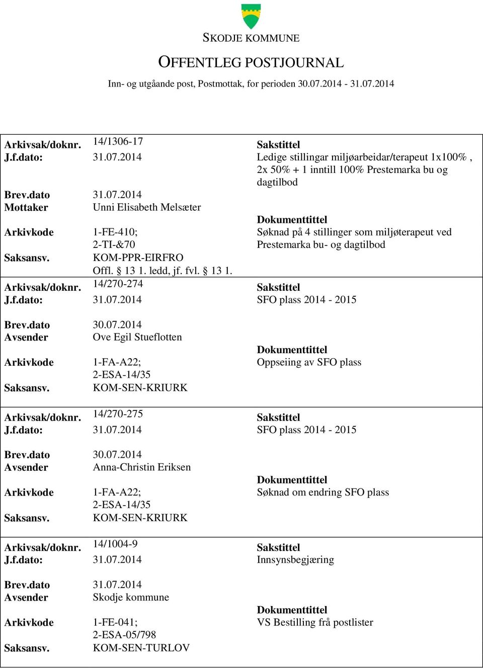 bu- og Arkivsak/doknr. 14/270-274 Sakstittel J.f.dato: 31.07.