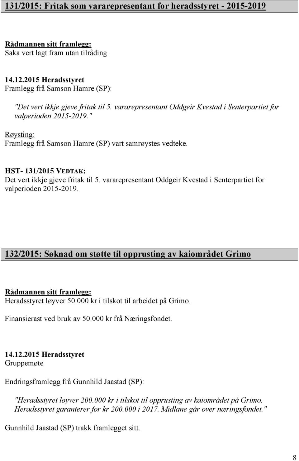 " Røysting: Framlegg frå Samson Hamre (SP) vart samrøystes vedteke. HST- 131/2015 VEDTAK: Det vert ikkje gjeve fritak til 5. vararepresentant Oddgeir Kvestad i Senterpartiet for valperioden 2015-2019.