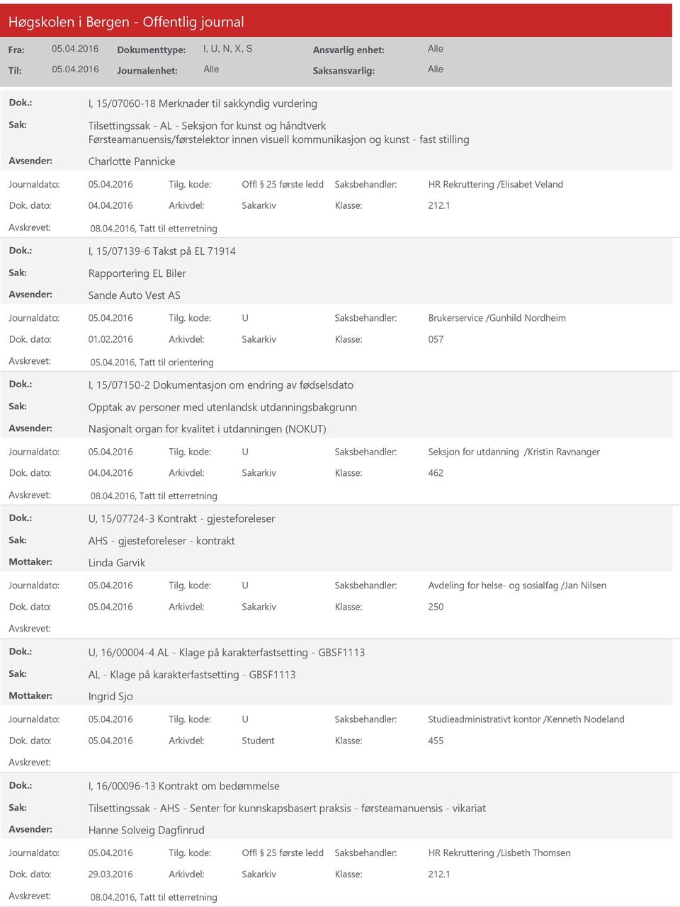 2016, Tatt til etterretning I, 15/07139-6 Takst på EL 71914 Rapportering EL Biler Sande Auto Vest AS Brukerservice /Gunhild Nordheim Dok. dato: 01.02.