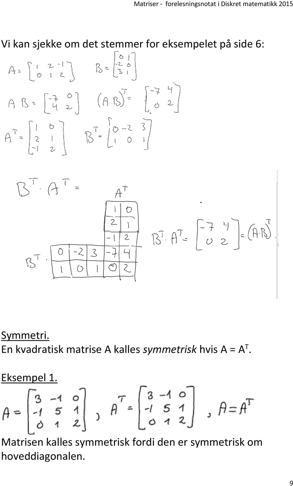 En kvadratisk matrise A kalles symmetrisk hvis A =