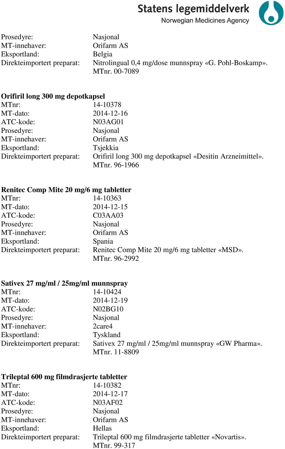 96-1966 Renitec omp Mite 20 mg/6 mg tabletter 14-10363 MT-dato: 2014-12-15 03AA03 Direkteimportert preparat: Spania Renitec omp Mite 20 mg/6 mg tabletter «MSD». MTnr.