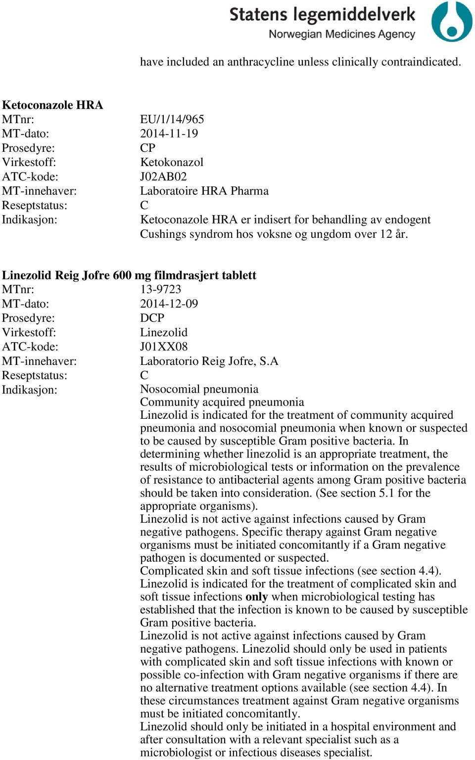 Linezolid Reig Jofre 600 mg filmdrasjert tablett 13-9723 MT-dato: 2014-12-09 DP Linezolid J01XX08 Laboratorio Reig Jofre, S.