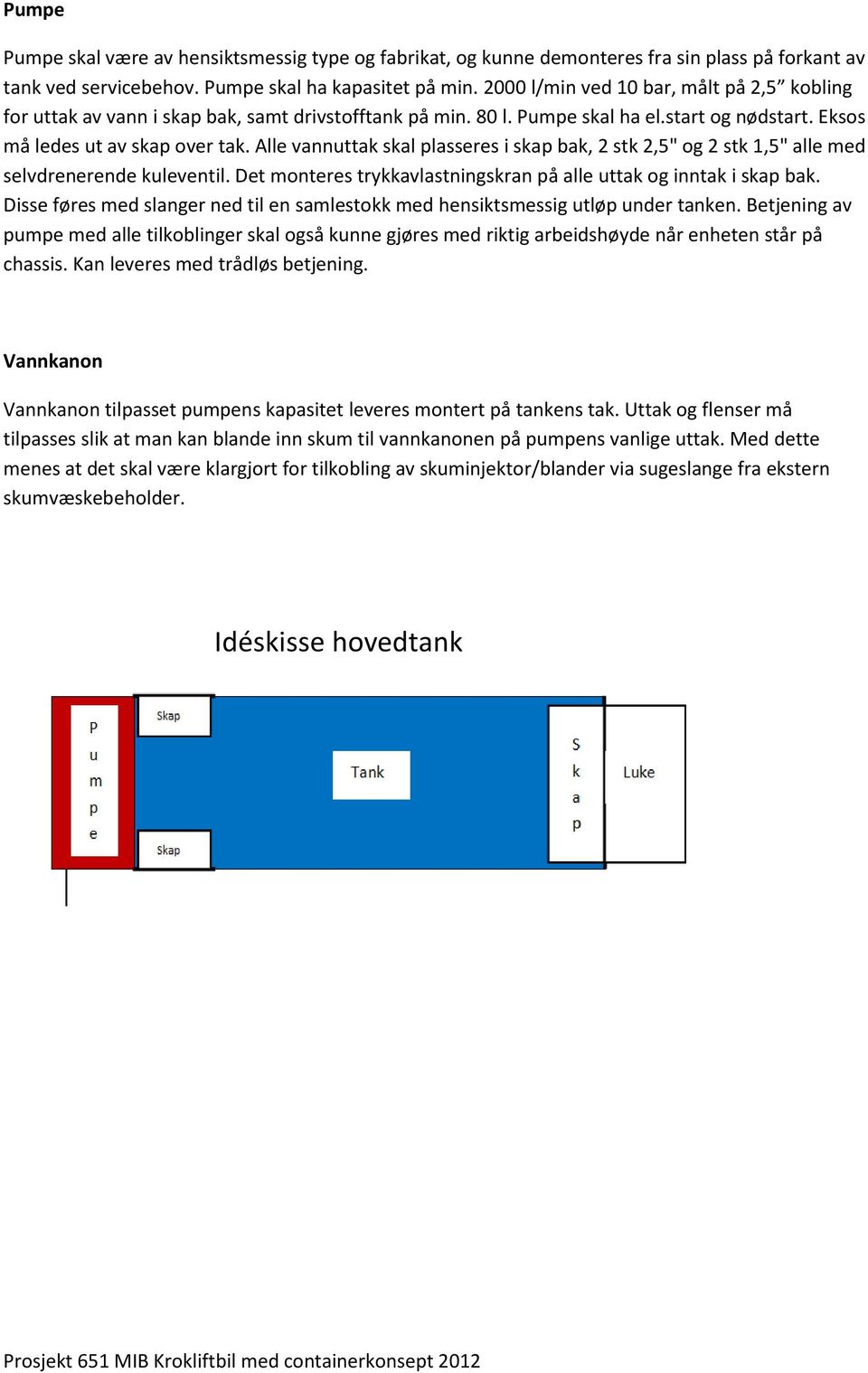 Alle vannuttak skal plasseres i skap bak, 2 stk 2,5" og 2 stk 1,5" alle med selvdrenerende kuleventil. Det monteres trykkavlastningskran på alle uttak og inntak i skap bak.