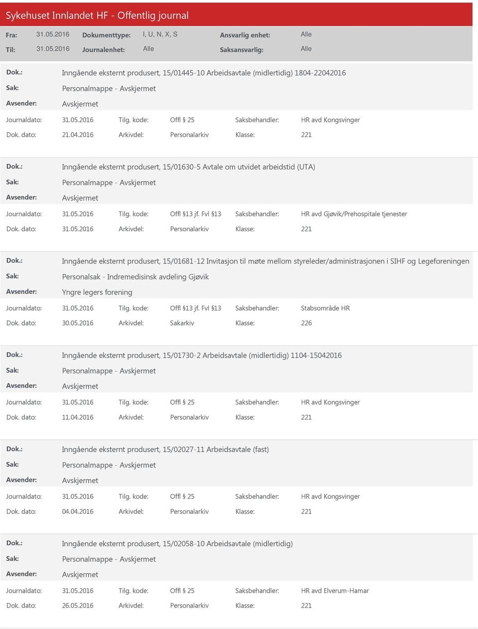 dato: Arkivdel: Personalarkiv Inngående eksternt produsert, 15/01681-12 Invitasjon til møte mellom styreleder/administrasjonen i SIHF og Legeforeningen Personalsak - Indremedisinsk avdeling Gjøvik