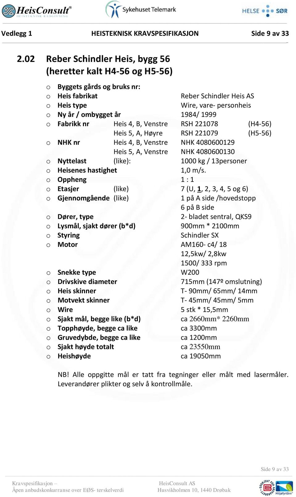 1999 o Fabrikk nr Heis 4, B, Venstre RSH 221078 (H4-56) Heis 5, A, Høyre RSH 221079 (H5-56) o NHK nr Heis 4, B, Venstre NHK 4080600129 Heis 5, A, Venstre NHK 4080600130 o Nyttelast (like): 1000 kg /