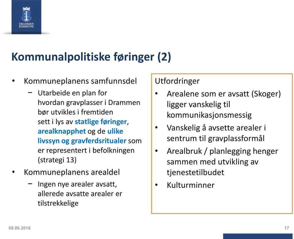 Ingen nye arealer avsatt, allerede avsatte arealer er tilstrekkelige Utfordringer Arealene som er avsatt (Skoger) ligger vanskelig til