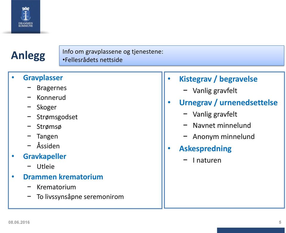 Krematorium To livssynsåpne seremonirom Kistegrav / begravelse Vanlig gravfelt Urnegrav /