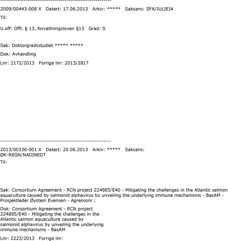 2013 Arkiv: ***** Saksans: ØK-REGN/NADINEDT Sak: Consortium Agreement - RCN project 224885/E40 - Mitigating the challenges in the Atlantic salmon aquaculture caused by salmonid alphavirus