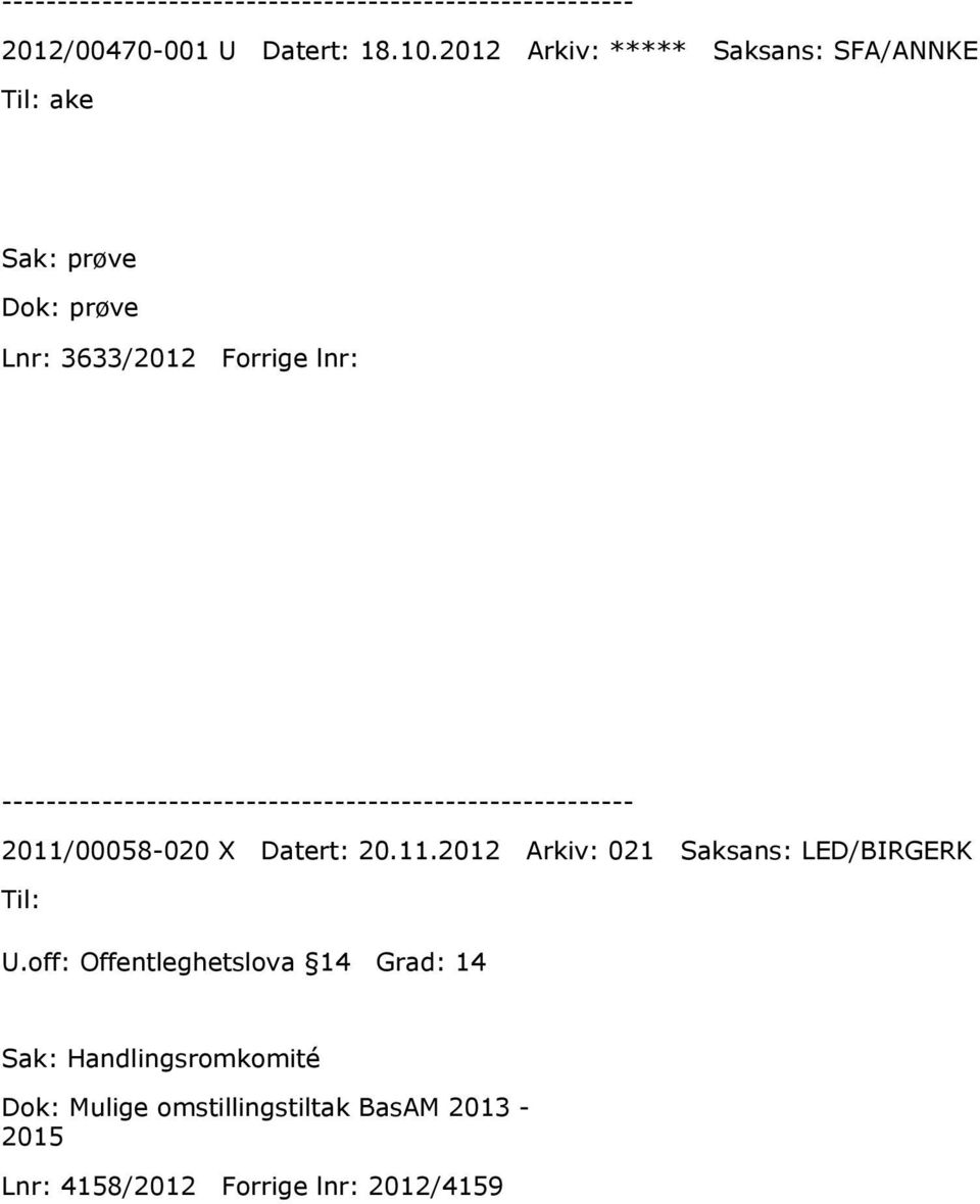 Forrige lnr: 2011/00058-020 X Datert: 20.11.2012 Arkiv: 021 Saksans: LED/BIRGERK U.