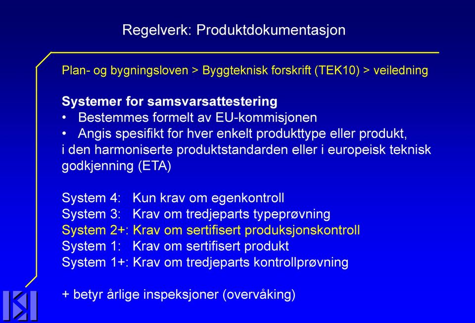 europeisk teknisk godkjenning (ETA) System 4: Kun krav om egenkontroll System 3: Krav om tredjeparts typeprøvning System 2+: Krav om