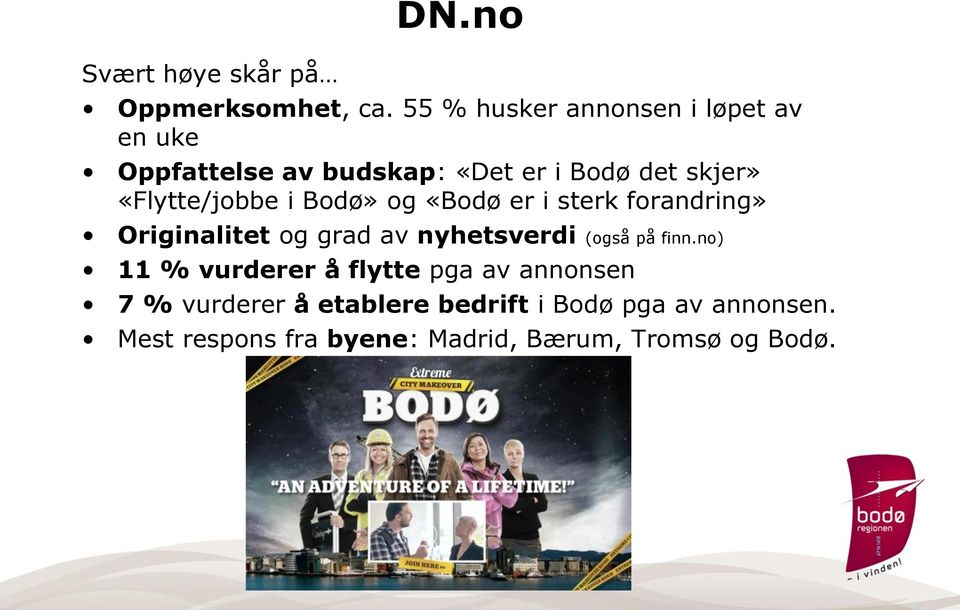 «Flytte/jobbe i Bodø» og «Bodø er i sterk forandring» Originalitet og grad av nyhetsverdi (også