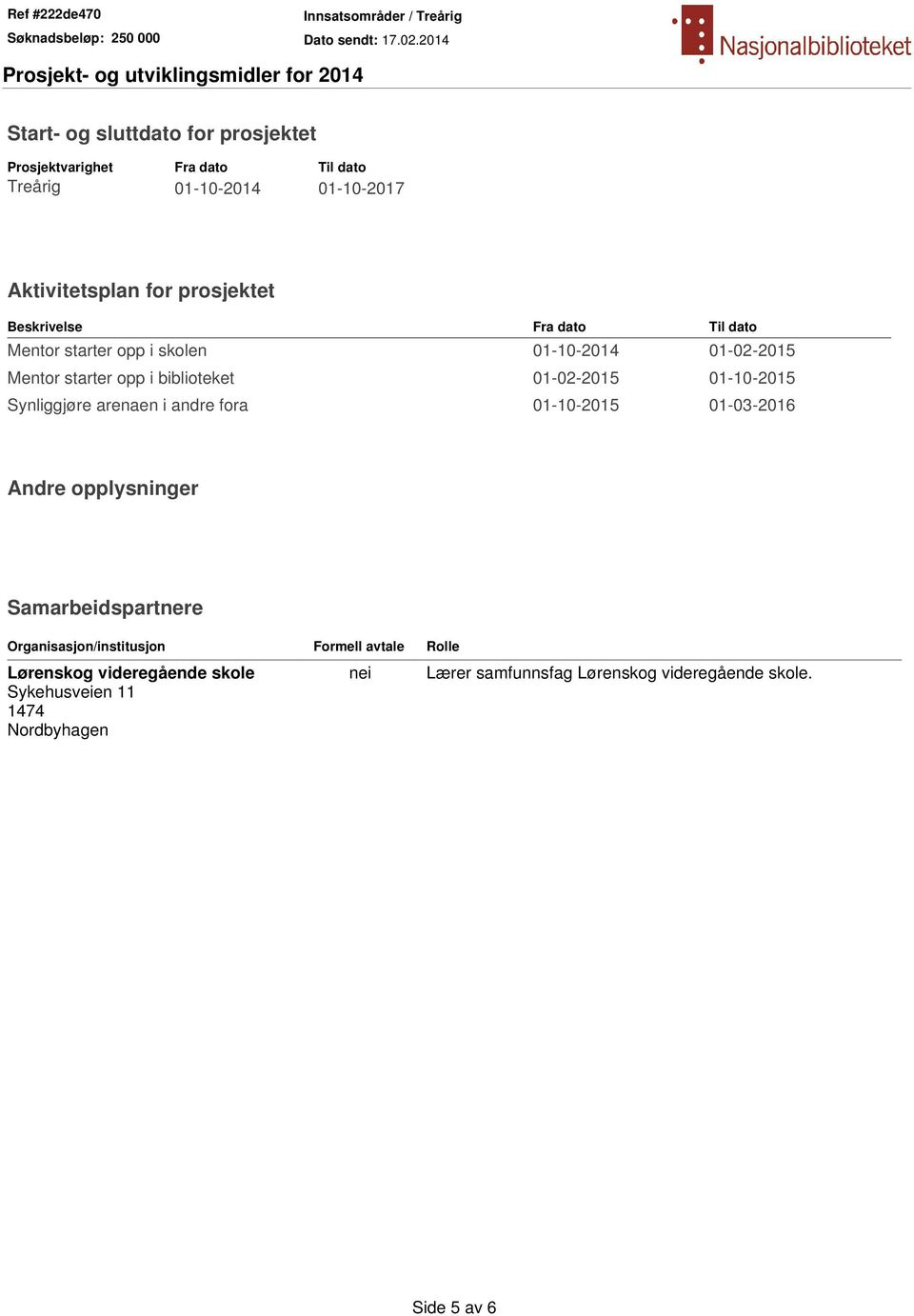 01-10-2015 Synliggjøre arenaen i andre fora 01-10-2015 01-03-2016 Andre opplysninger Samarbeidspartnere Organisasjon/institusjon