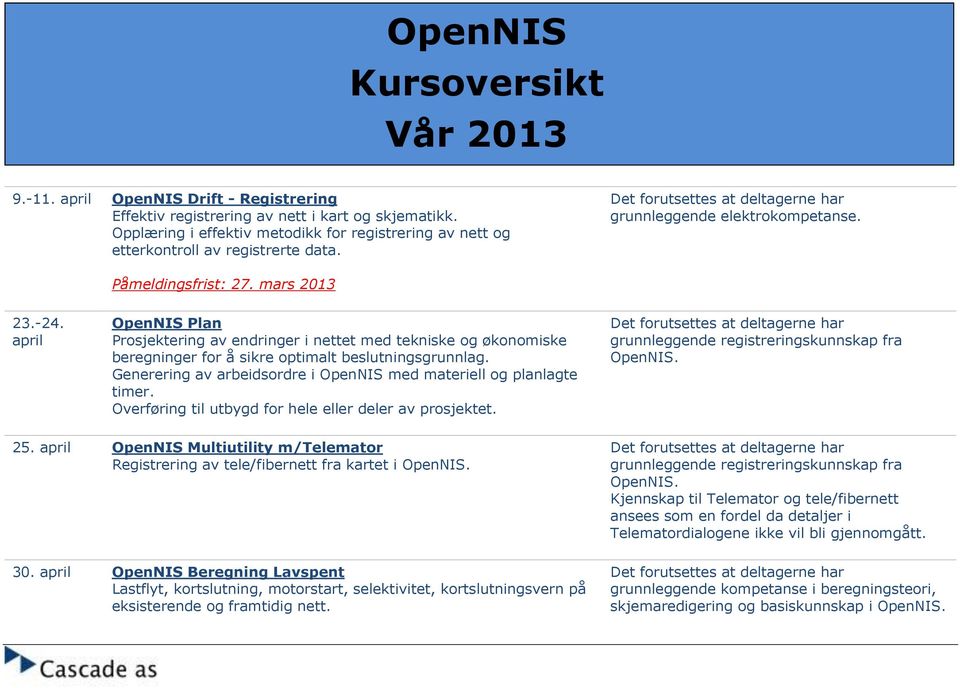 april OpenNIS Plan Prsjektering av endringer i nettet med tekniske g øknmiske beregninger fr å sikre ptimalt beslutningsgrunnlag. Generering av arbeidsrdre i OpenNIS med materiell g planlagte timer.