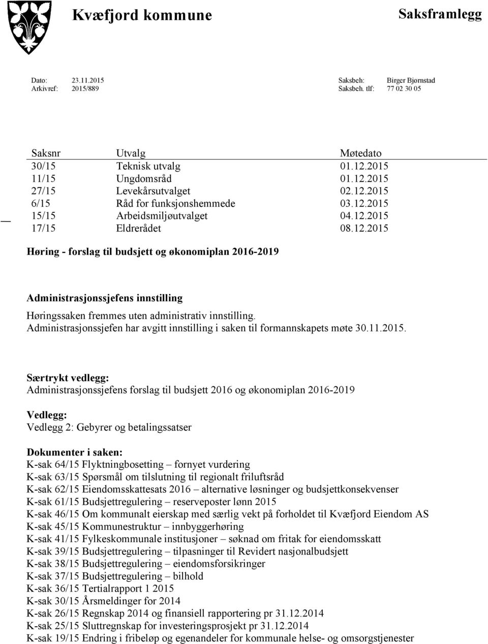 Administrasjonssjefen har avgitt innstilling i saken til formannskapets møte 30.11.2015.