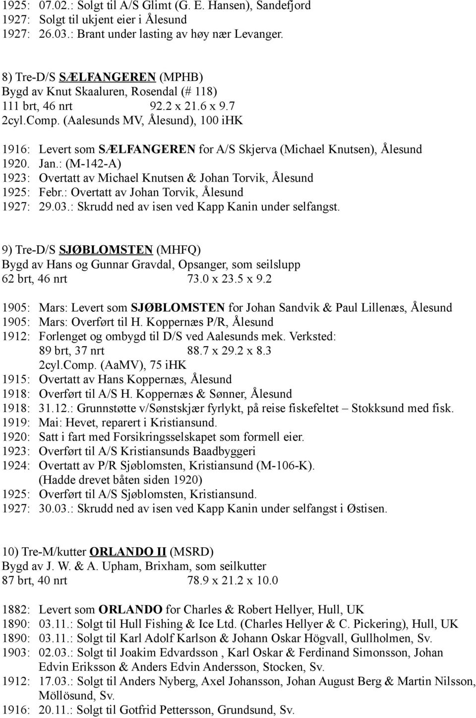 (Aalesunds MV, Ålesund), 100 ihk 1916: Levert som SÆLFANGEREN for A/S Skjerva (Michael Knutsen), Ålesund 1920. Jan.: (M-142-A) 1923: Overtatt av Michael Knutsen & Johan Torvik, Ålesund 1925: Febr.