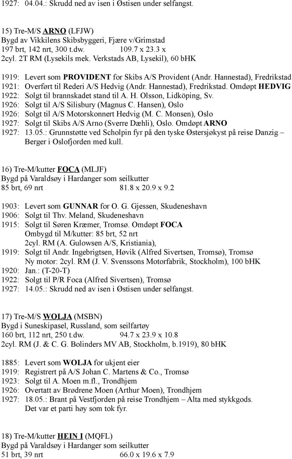 Hannestad), Fredrikstad. Omdøpt HEDVIG 1922: Solgt til brannskadet stand til A. H. Olsson, Lidköping, Sv. 1926: Solgt til A/S Silisbury (Magnus C.