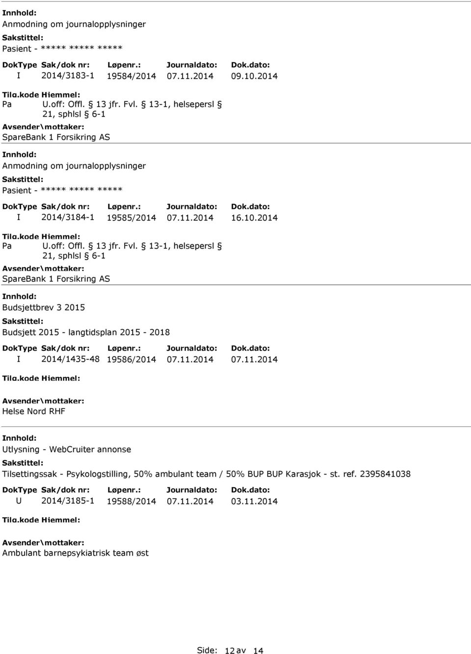 Fvl., helsepersl SpareBank 1 Forsikring AS nnhold: Budsjettbrev 3 2015 Budsjett 2015 - langtidsplan 2015-2018 2014/1435-48 19586/2014 Helse Nord RHF nnhold: